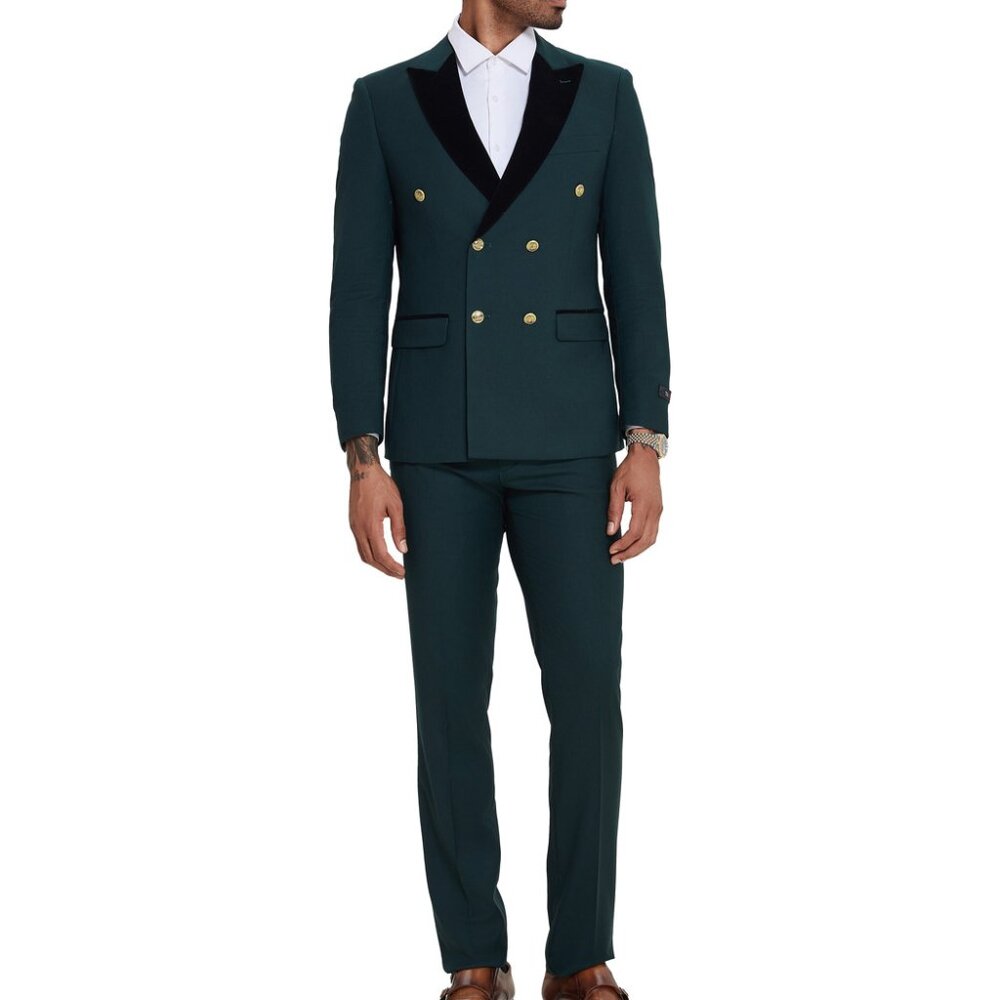 Green Double Breasted Velvet Peak Lapel Skinny Fit Men's Suit